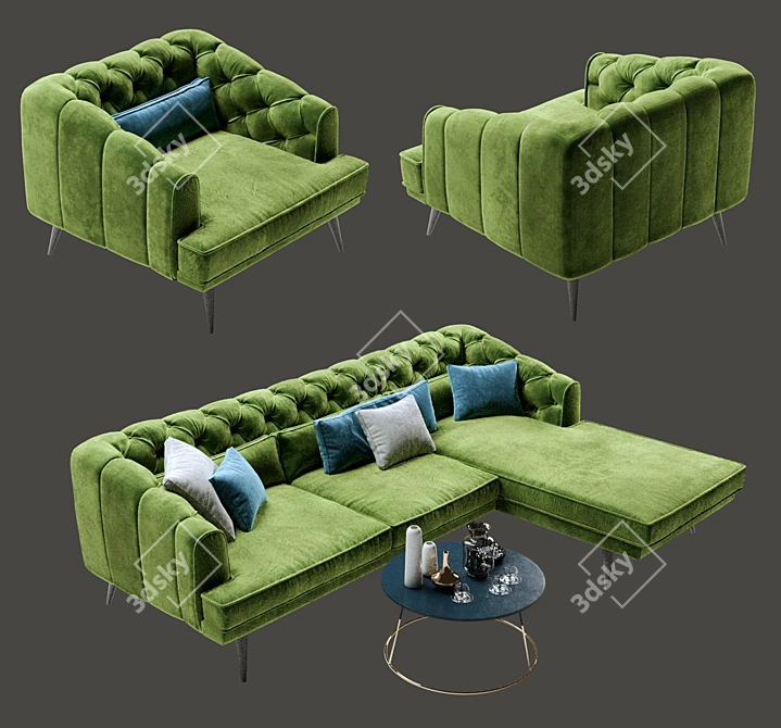 Grey Earl Corner Sofa Set with Armchair 3D model image 2