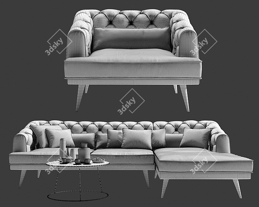 Grey Earl Corner Sofa Set with Armchair 3D model image 3