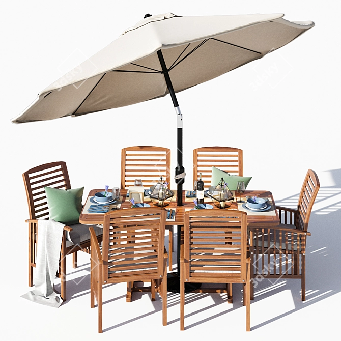 Rustic Elegant Brown Acacia Dining Set 3D model image 1