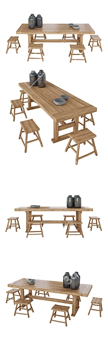 Natural Wood Table Set 3D model image 2