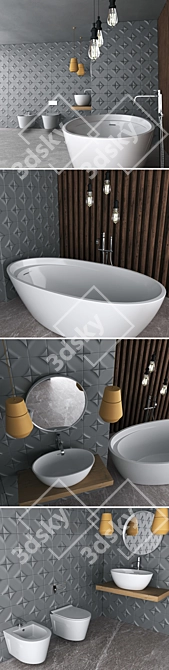 Wave Ceramic Bathroom Set & 3D Panel 3D model image 2