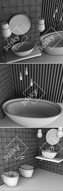 Wave Ceramic Bathroom Set & 3D Panel 3D model image 3