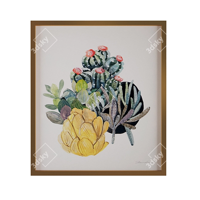 Vibrant Watercolor Cactus Print 3D model image 1