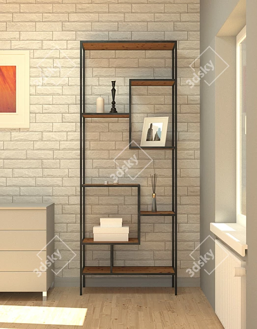 Metal Frame Wood Shelf Rack 3D model image 3