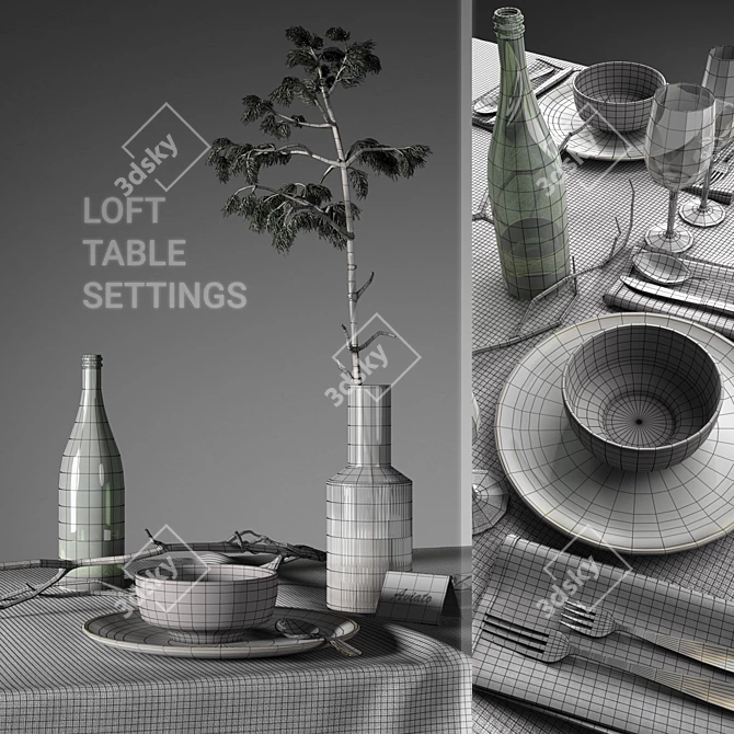 Loft-inspired Table Settings with Pine Branch 3D model image 3