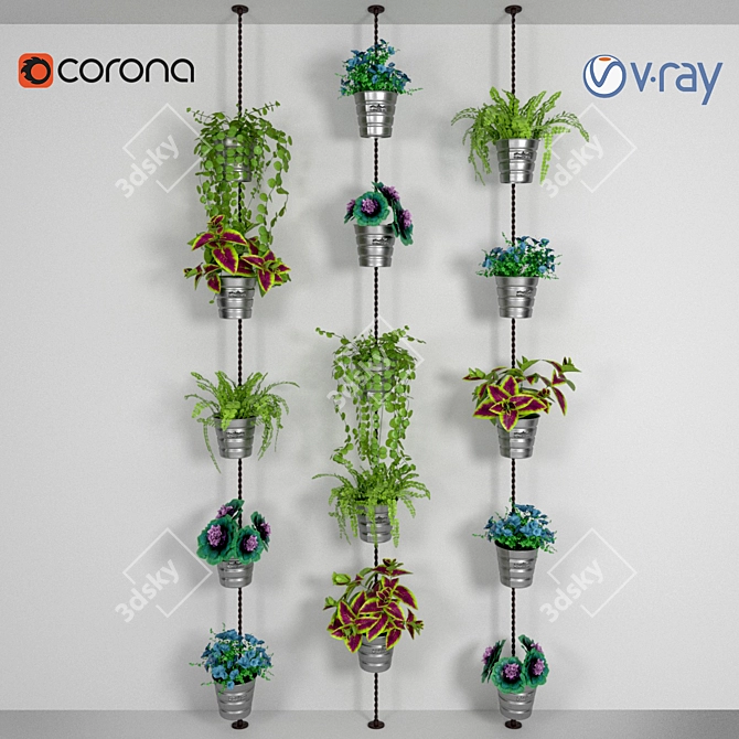 Blooming Beauty: 5 Flower Pots on Wall 3D model image 1