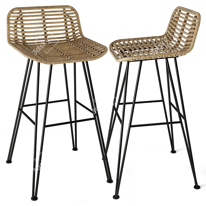 Rustic Rattan Iron Bar Stool 3D model image 1