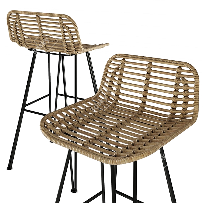 Rustic Rattan Iron Bar Stool 3D model image 2