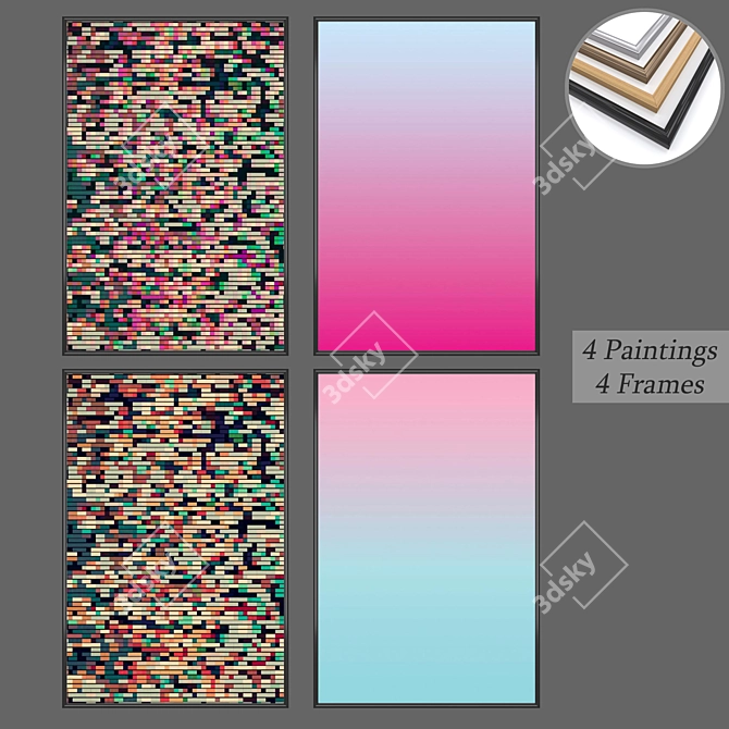 Modern Art Set: 4 Paintings, 4 Frame Options 3D model image 1