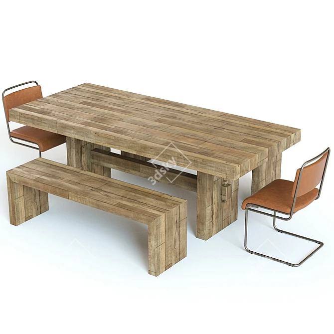 Rustic Dining Set: West Elm Emmerson Table & Industrial Chairs 3D model image 2