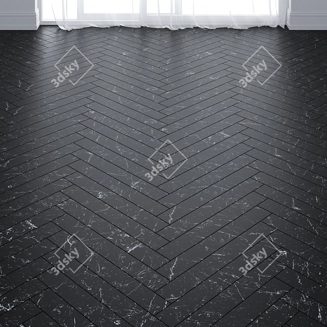 Elegant Black Marble Floor Tiles in Chevron and Herringbone Layout 3D model image 1