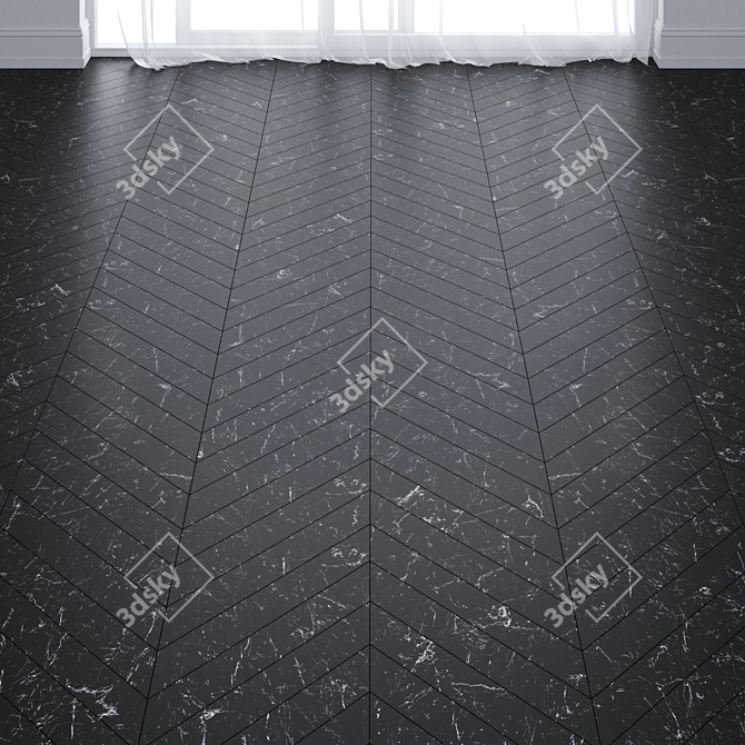 Elegant Black Marble Floor Tiles in Chevron and Herringbone Layout 3D model image 2