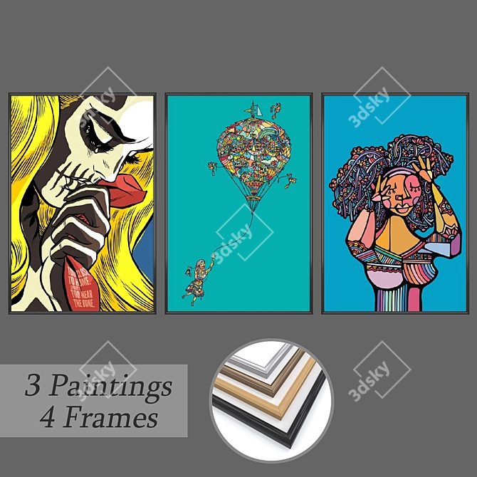 Artistic Marvel Set: 3 Paintings & 4 Frame Variants 3D model image 1