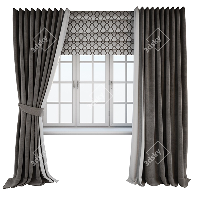 Elegant Dark Brown Floor-Length Curtains 3D model image 1