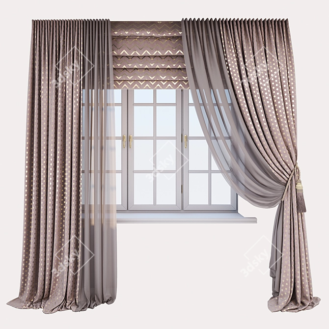 Pink Gold Print Velour Curtains 3D model image 1