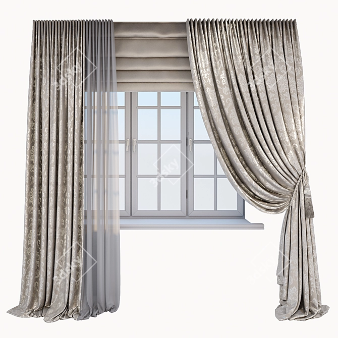 Elegant Beige Damask Curtains 3D model image 1