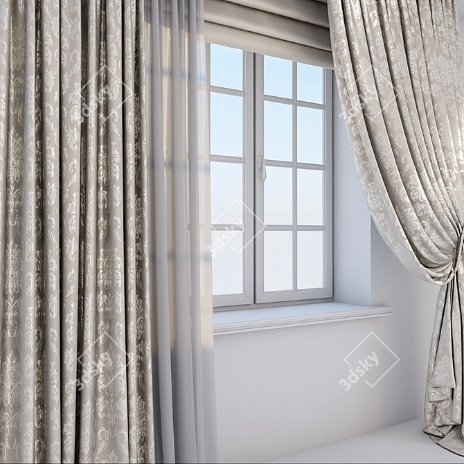 Elegant Beige Damask Curtains 3D model image 2