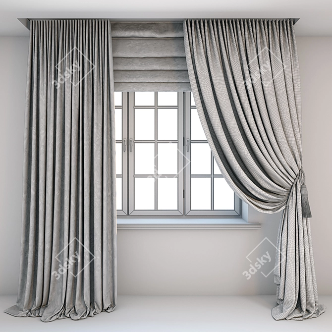 Elegant Beige Damask Curtains 3D model image 3