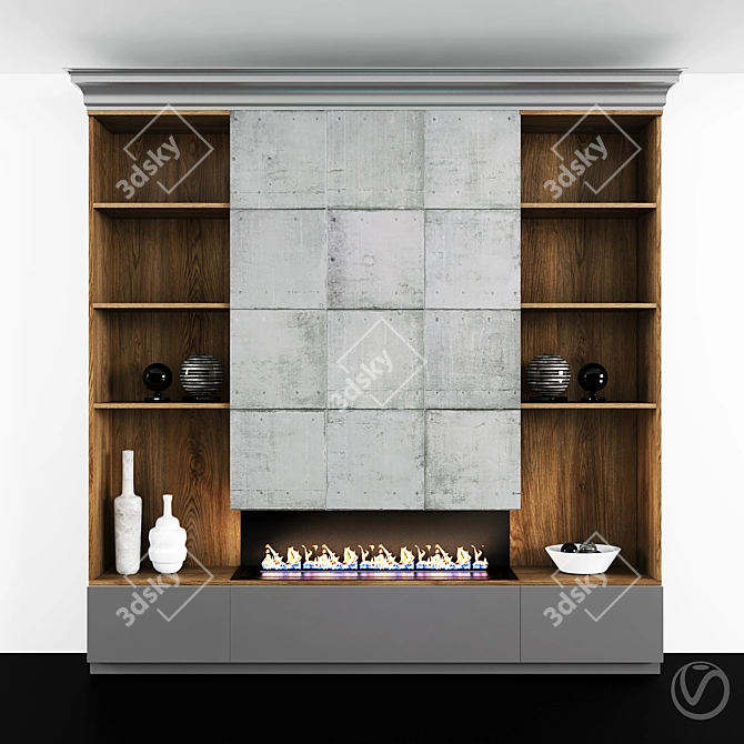 Title: Gray Wood TV and Fireplace Combo 3D model image 1
