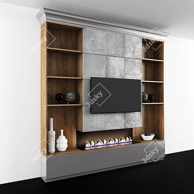 Title: Gray Wood TV and Fireplace Combo 3D model image 3