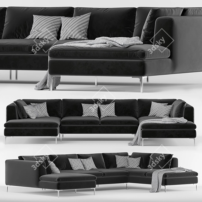 Midnight Grey Velvet Corner Sofa 3D model image 1