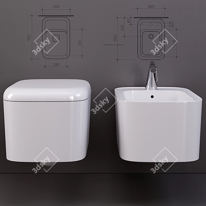 Modern Wall-Hung Bidet and WC Set 3D model image 3