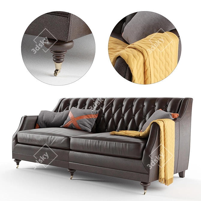 Elegant Dark Brown Leather Sofa 3D model image 2