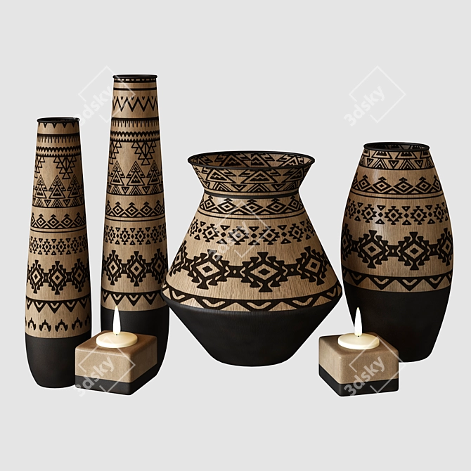 Ethnic Wood Vases: 3D Model 3D model image 1