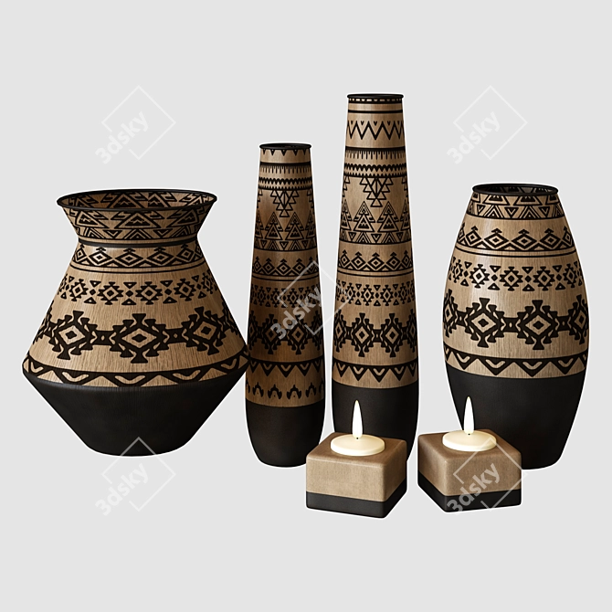 Ethnic Wood Vases: 3D Model 3D model image 2