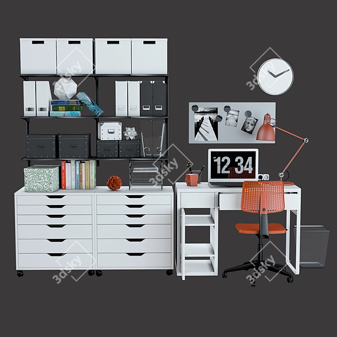 IKEA Office Set: Desk, Drawers, Chair, Shelves, Lamp 3D model image 2