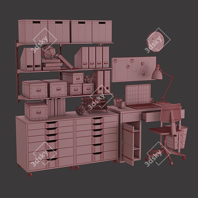 IKEA Office Set: Desk, Drawers, Chair, Shelves, Lamp 3D model image 3