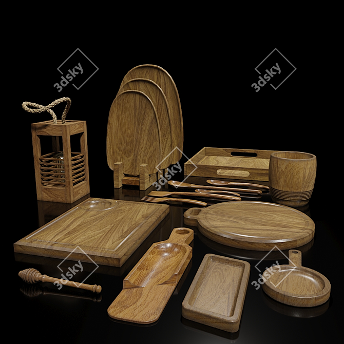 Oak Wood Serving Set 3D model image 1