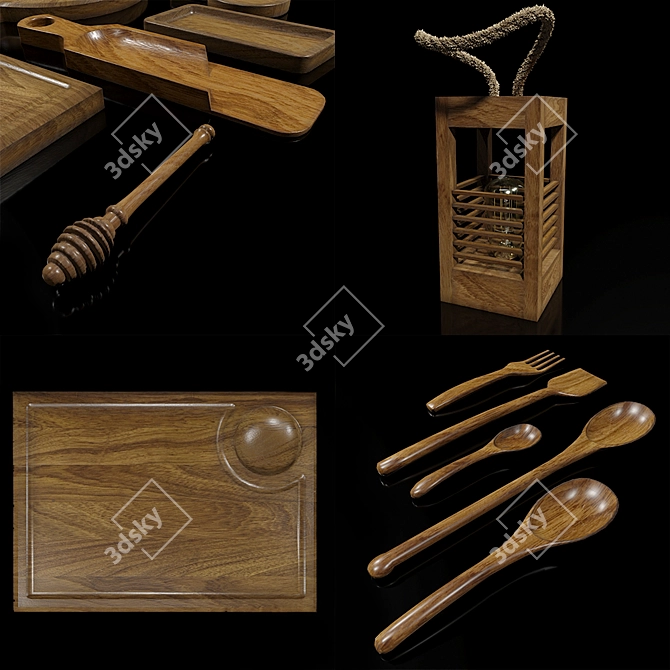 Oak Wood Serving Set 3D model image 2