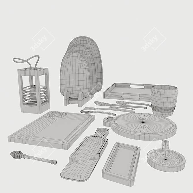 Oak Wood Serving Set 3D model image 3