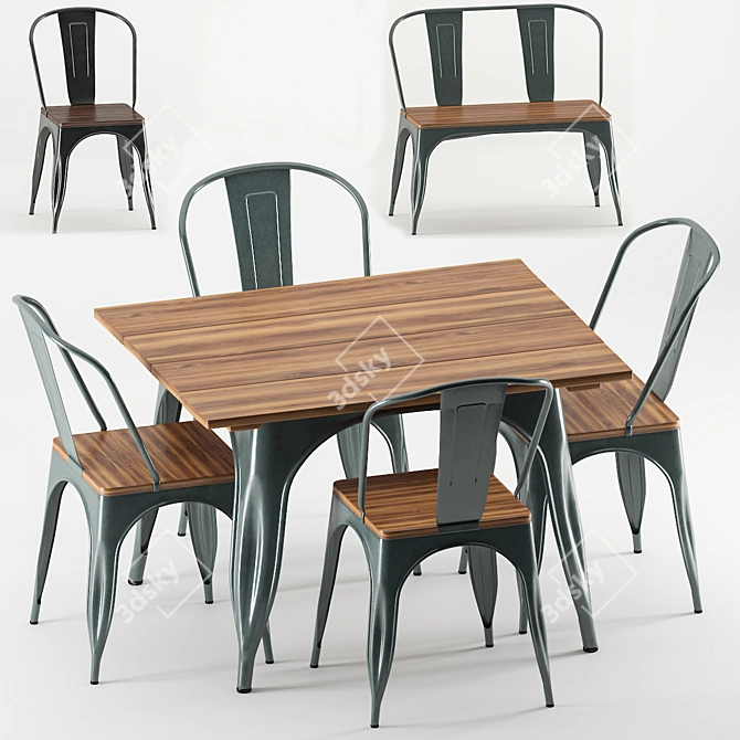 Industrial Tolix Table Chair Set 3D model image 1