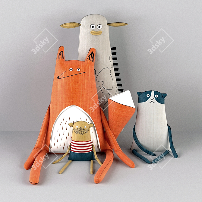 Quirky Textile Animal Toys 3D model image 1