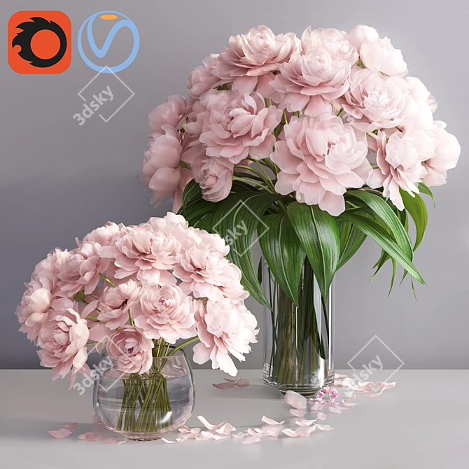 Pastel Pink Peonies Glass Vases Set 3D model image 1