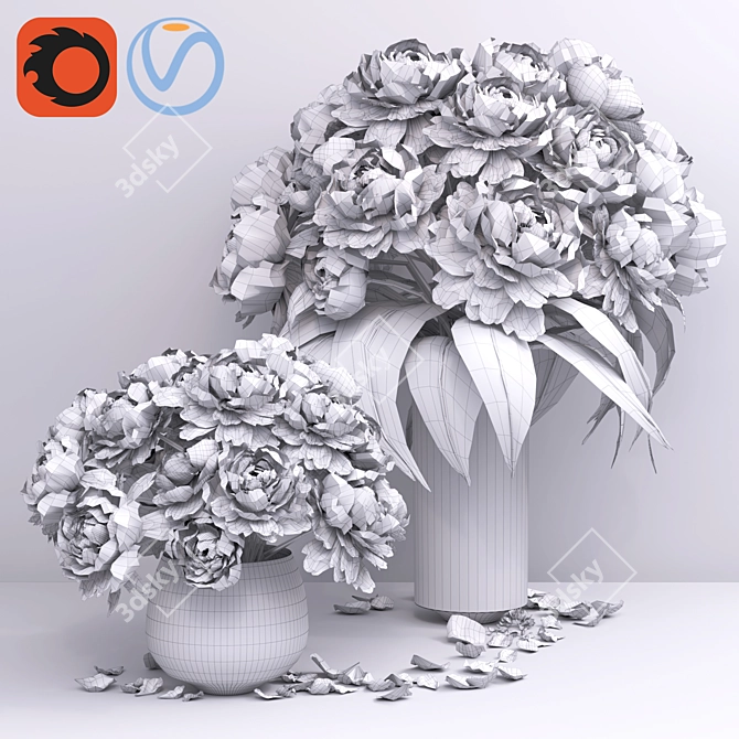 Pastel Pink Peonies Glass Vases Set 3D model image 2