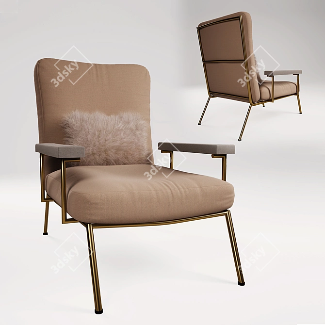 Fur Cushioned Brass Armchair 3D model image 1