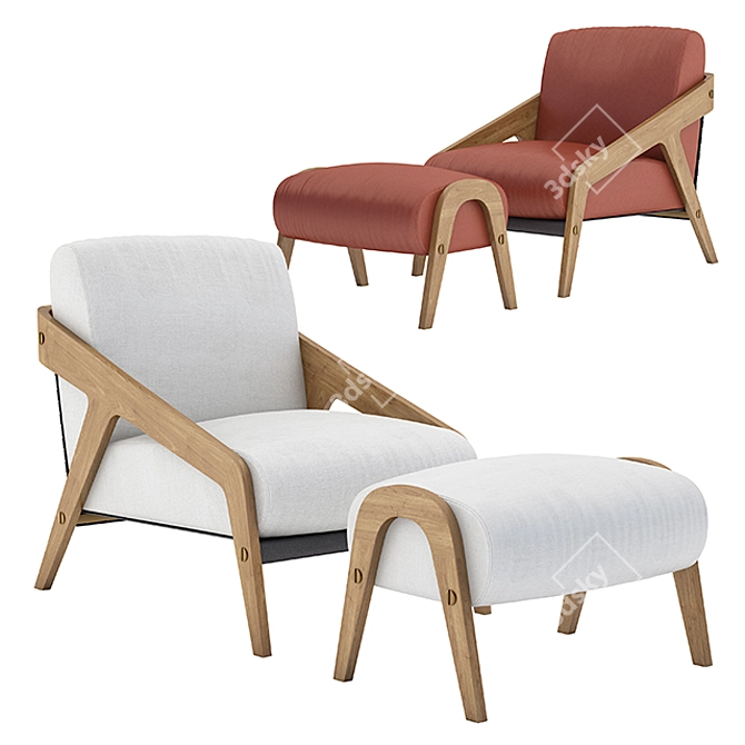Elegant Walnut Armchair & Footstool 3D model image 1