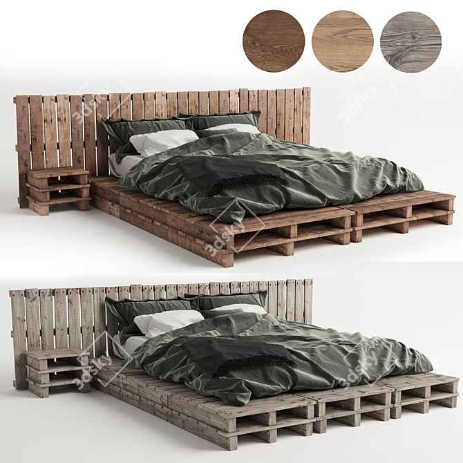 Rustic Wooden Pallet Bed 3D model image 1
