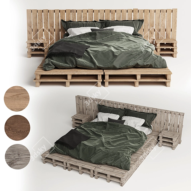 Rustic Wooden Pallet Bed 3D model image 2