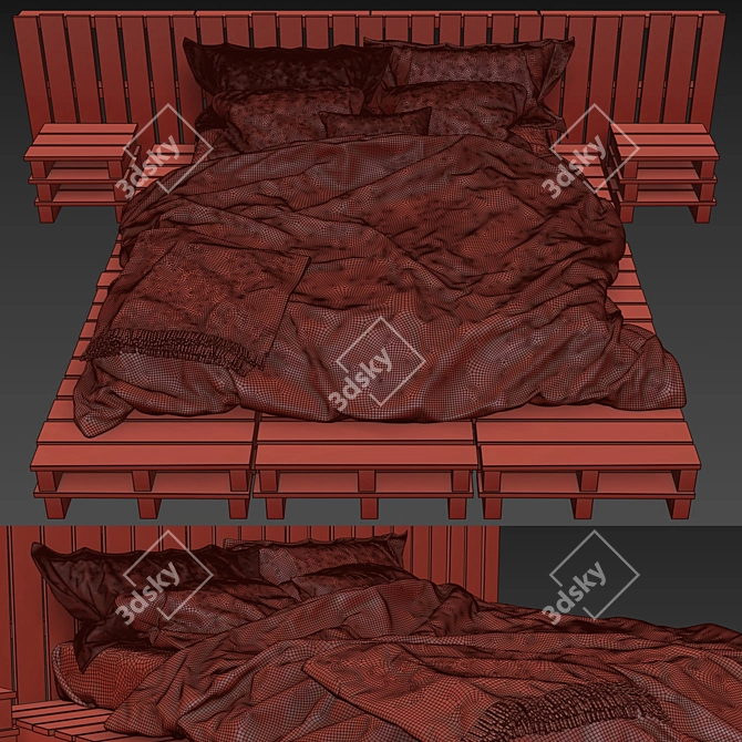Rustic Wooden Pallet Bed 3D model image 3