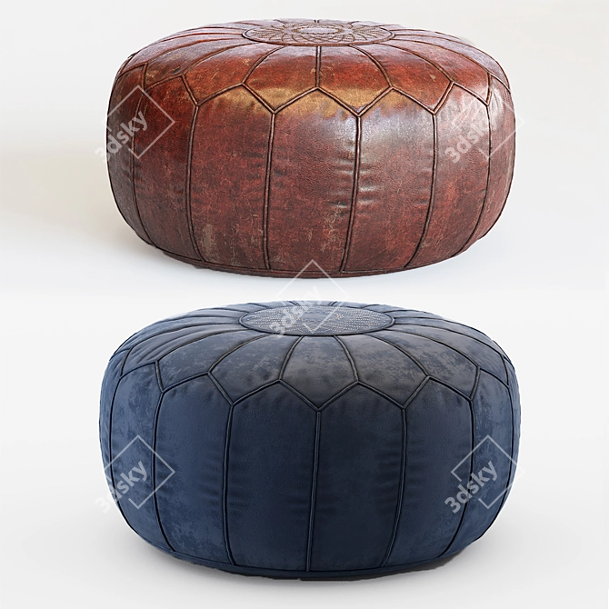 Vintage Moroccan Leather Pouf - Hand Tooled 3D model image 1