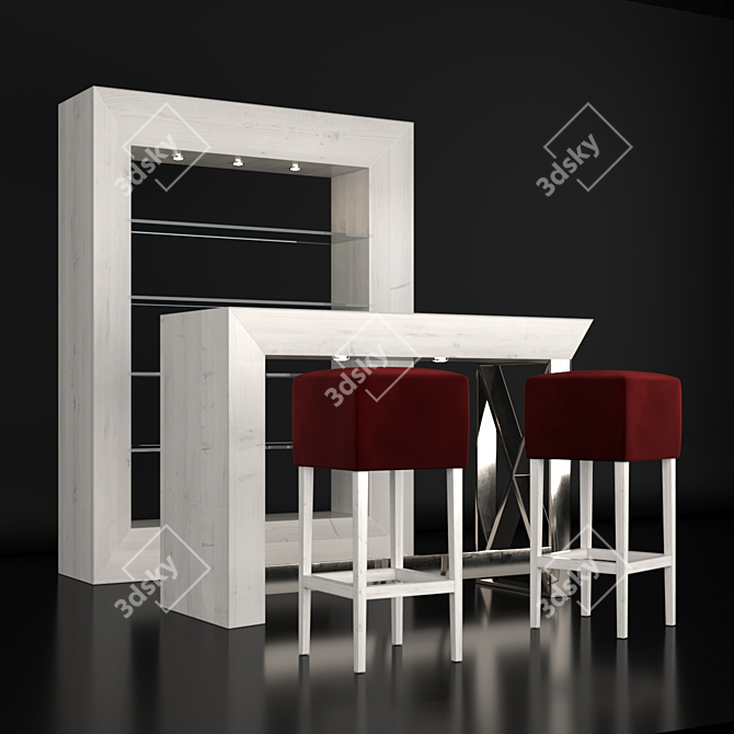 Compact Mini Bar with 2 Stools 3D model image 1