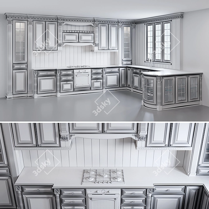 Elegant Ivory Gold Kitchen 3D model image 3