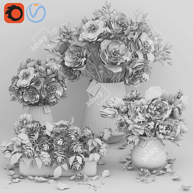 Elegant Peony Concrete Glass Vases 3D model image 2