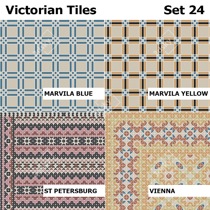 Victorian Tiles Set: Marvil Blue, Marvil Yellow, St Petersburg, Vienna 3D model image 1