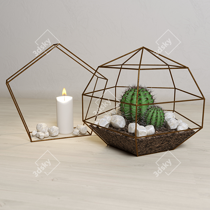 Mini Glass Terrariums with Cacti & Candle 3D model image 1