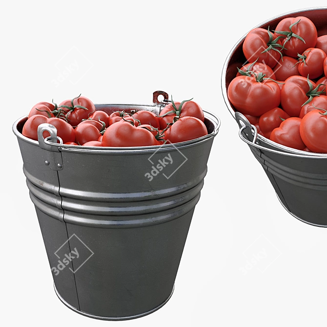 Fresh Harvest: Metal Bucket with Tomatoes 3D model image 1